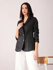 FableStreet Striped Tailored-Fit Double-Breasted Blazer