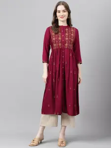 ANANDITA Ethnic Motifs Embroidered Thread Work Detailed Pleated A-Line Kurta