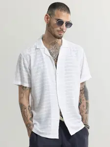 Snitch White Self Design Textured Cuban Collar Classic Boxy Casual Shirt