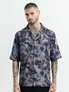Snitch Purple Floral Printed Classic Cuban Collar Oversized Casual Shirt