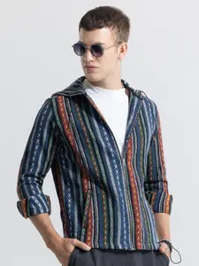 Snitch Blue Vertical Striped Classic Tailored Fit Hooded Cotton Casual Shirt