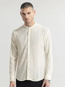 Snitch Cream Self Design Textured Band Collar Classic Slim Fit Casual Shirt