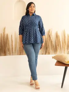 Janasya Women's Plus Size Dark Blue Pure Cotton Ethnic Motifs A-Line Top