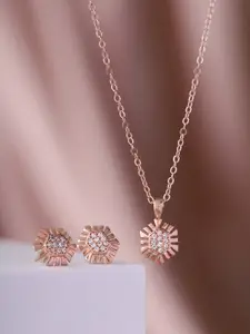 PRITA Rose Gold-Plated American Diamond Studded Pendant With Earrings