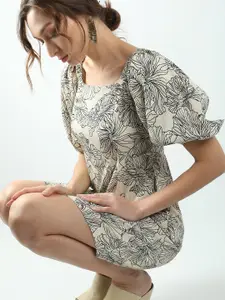 Vero Moda Floral Printed Square Neck Puffed Sleeves Smocked A-Line Dress