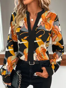 StyleCast Black Abstract Printed Mandarin Collar Shirt Style Top