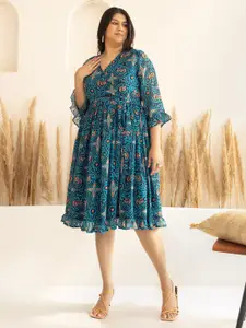 XL LOVE By Janasya Dobby Georgette Ikat Printed Flared Dress