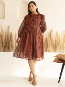 XL LOVE By Janasya Plus Size Rust Lurex Floral Printed Flared Dress