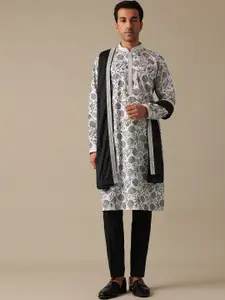 KALKI Fashion Floral Embroidered Mandarin Collar Pure Silk Kurta with Trousers & Dupatta