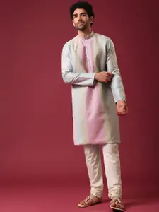 KALKI Fashion Colourblocked Mandrain Collar Regular Pure Silk Kurta With Trousers
