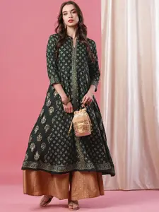 Globus Ethnic Motifs Printed Panelled Mandarin Collar A-Line Kurta