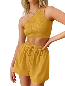 StyleCast Yellow One Shoulder Crop Top With Shorts