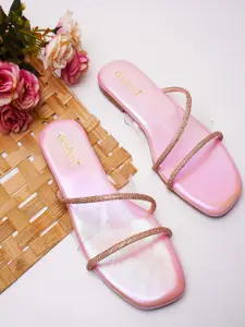 DressBerry Pink Embellished Open Toe Flats