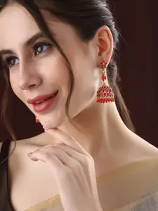 Priyaasi Gold-Plated Faux Ruby Studded Beads Beaded Dome Shaped Jhumkas