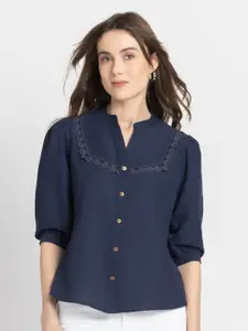 SHAYE Mandarin Collar Cuffed Sleeves Lace Shirt Style Top