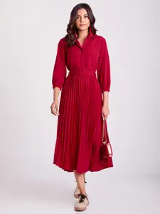 FLOWERVELLY Shirt Collar Puff Sleeve A-line Fit & Flare Midi Dress