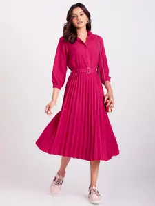 FLOWERVELLY Shirt Collar Fit & Flare Midi Dress With Belt