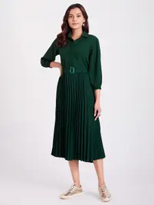 FLOWERVELLY Shirt Collar Fit & Flare Midi Dress With Belt