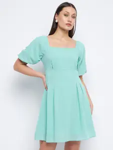 Madame Square Neck Puff Sleeves Fit & Flare Dress