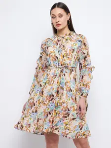 Madame Floral Print Tie-Up Neck Puff Sleeve Fit & Flare Dress