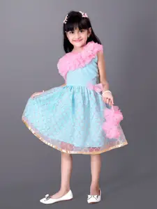 BAESD Girls Embellished Bow Ruffled Net Fit & Flare Midi Dress