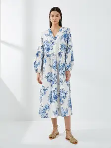 Koton Floral Printed V-Neck Cuffed Sleeves Gathered Pure Cotton Fit & Flare Midi Dress