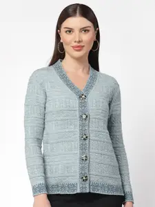 Kalt Open Knit Self Design V-Neck Acrylic Sweater Vest