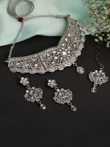 Shining Diva Silver-Plated Crystals Studded Necklace & Earrings With Maang Tika