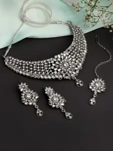 Shining Diva Silver Plated American Diamond Studded Necklace & Earrings With Maang Tika