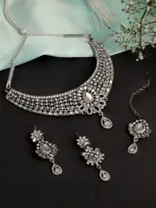Shining Diva Silver Plated American Diamond Studded Necklace & Earrings With Maang Tika