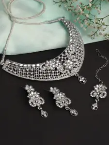Shining Diva Silver-Plated American Diamond Studded Necklace & Earrings With Maang Tika