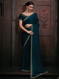 Saree mall Teal Beads and Stones Embellished Satin Saree