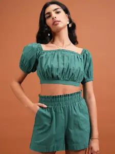 Tokyo Talkies Square Neck Pure Cotton Top With Shorts Co-Ords