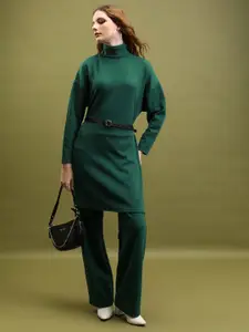 Tokyo Talkies Green Self Design Turtleneck Top & Trouser Co-Ords