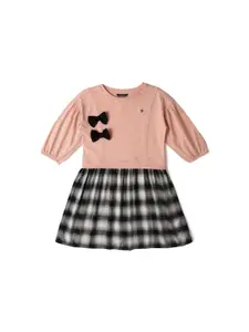 Allen Solly Junior Girls Checked Puff Sleeves Gathered Pure Cotton Fit & Flare Dress