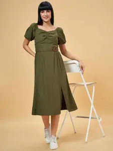 Honey by Pantaloons Sweetheart Neck Puff Sleeve Belted Cotton A-Line Midi Dress