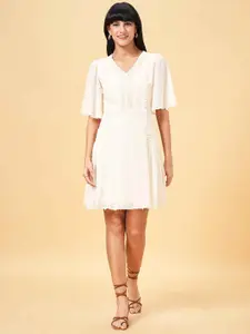 Honey by Pantaloons Self Design V-Neck Flared Sleeve Fit & Flare Dress