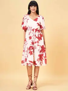 Honey by Pantaloons Floral Printed V-Neck Puff Sleeve Fit & Flare Midi Dress