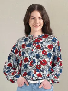 U.S. Polo Assn. Women Floral Printed Mandarin Collar Cuffed Sleeves Shirt Style Top