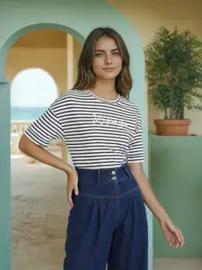 U.S. Polo Assn. Women Striped Drop-Shoulder Sleeves Cotton T-shirt