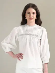 U.S. Polo Assn. Women High Neck Puffed Sleeves Lace Inserts Pure Cotton Top