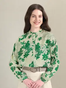 U.S. Polo Assn. Women Floral Printed Mandarin Collar Cuffed Sleeves Shirt Style Top