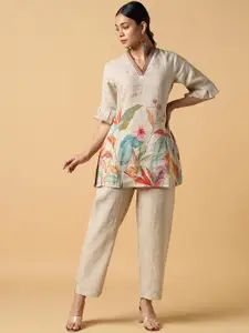 House Of Dharaa Floral Printed Bell Sleeves V-Neck Linen Top with Trousers