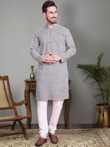 Jompers Floral Embroidered Mandarin Collar Chikankari Pure Cotton Kurta With Churidar