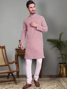Jompers Floral Embroidered Mandarin Collar Chikankari Pure Cotton Kurta With Churidar