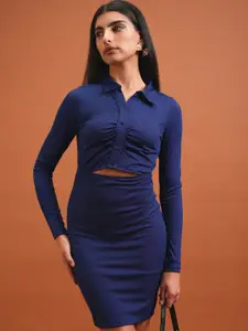 Tokyo Talkies Blue Shirt Collar Bodycon Dress