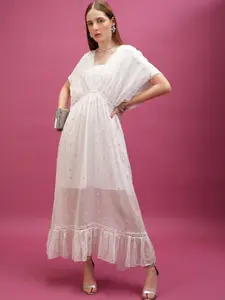 Tokyo Talkies White Self Design V-Neck Extended Sleeve Tie Up Maxi Dress