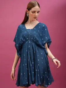 Tokyo Talkies Blue Self Design V-Neck Extended Sleeve Fit & Flare Dress