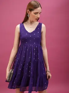 Tokyo Talkies Violet Self Design Shoulder Straps Smocked Tiered Fit & Flare Dress