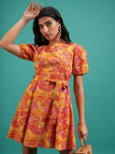 Tokyo Talkies Orange Floral Printed Puff Sleeve Belted Cotton Fit & Flare Dress
